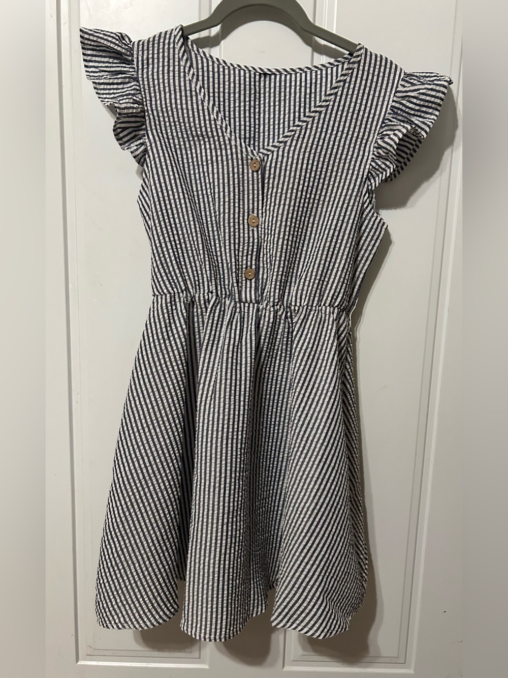 Girls Navy and White Striped Flutter-Sleeve Dress